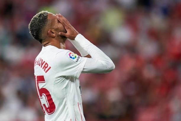 Youssef En Nesyri of Sevilla FC reacts during the La Liga Santander match between Sevilla FC and Valencia CF at Estadio Ramon Sanchez Pizjuan on...
