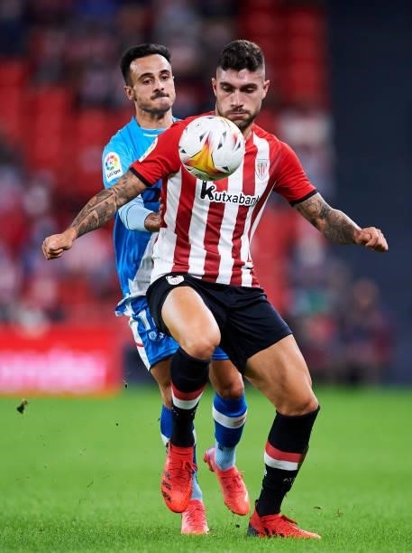 Unai Nunez of Athletic Club duels for the ball with Alvaro Garcia of Rayo Vallecano during the La Liga Santander match between Athletic Club and Rayo...
