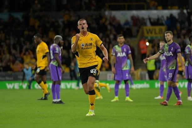 Leander Dendonker of Wolverhampton Wanderers celebrates scoring a goal during the Carabao Cup Third Round match between Wolverhampton Wanderers and...