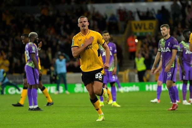 Leander Dendonker of Wolverhampton Wanderers celebrates scoring a goal during the Carabao Cup Third Round match between Wolverhampton Wanderers and...