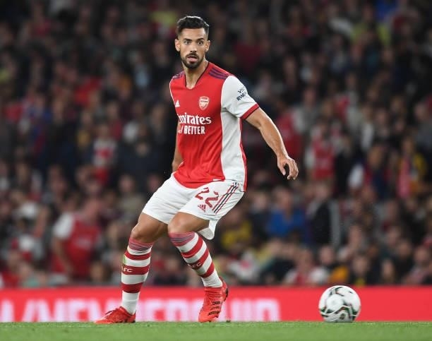 Pablo Mari of Arsenal during the Carabao Cup Third Round match between Arsenal and AFC Wimbledon at Emirates Stadium on September 22, 2021 in London,...