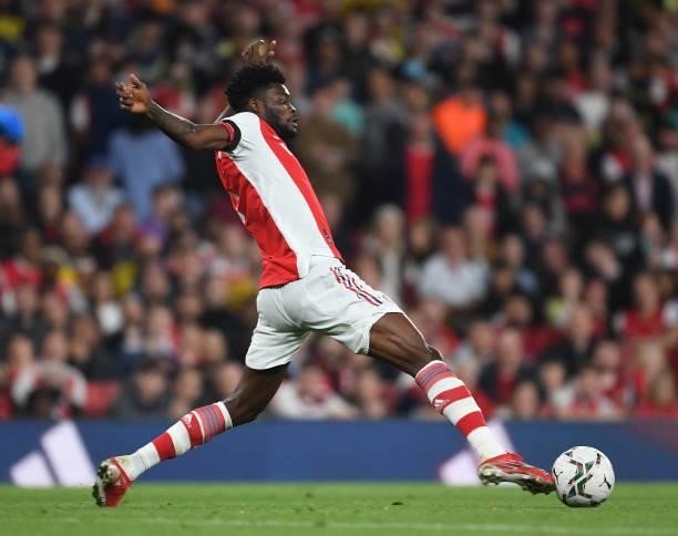 Thomas Partey of Arsenal during the Carabao Cup Third Round match between Arsenal and AFC Wimbledon at Emirates Stadium on September 22, 2021 in...