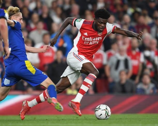 Thomas Partey of Arsenal during the Carabao Cup Third Round match between Arsenal and AFC Wimbledon at Emirates Stadium on September 22, 2021 in...