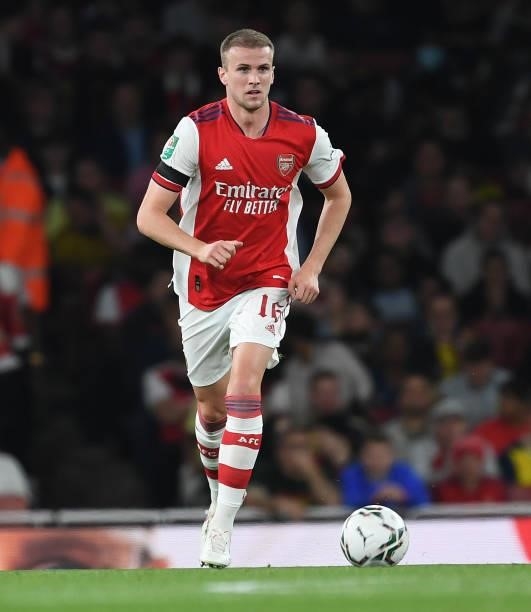 Rob Holding of Arsenal during the Carabao Cup Third Round match between Arsenal and AFC Wimbledon at Emirates Stadium on September 22, 2021 in...