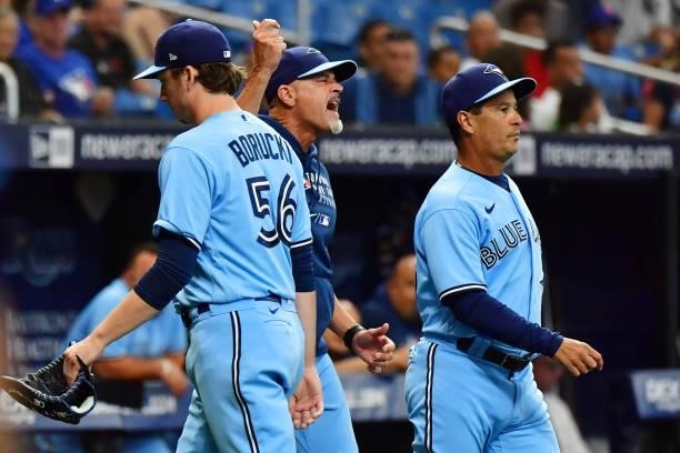 Pitching coach Pete Walker reacts after Ryan Borucki of the Toronto Blue Jays is ejected for hitting Kevin Kiermaier of the Tampa Bay Rays with a...