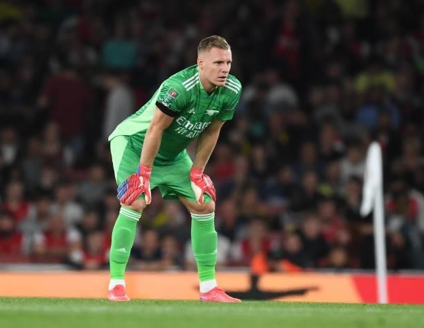 Bernd Leno of Arsenal during the Carabao Cup Third Round match between Arsenal and AFC Wimbledon at Emirates Stadium on September 22, 2021 in London,...