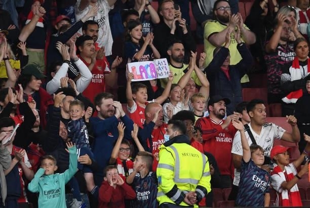 Arsenal fans during the Carabao Cup Third Round match between Arsenal and AFC Wimbledon at Emirates Stadium on September 22, 2021 in London, England.