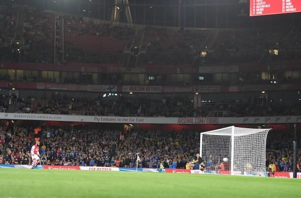 Alex Lacazette scores the 1st Arsenal from the penalty spot during the Carabao Cup Third Round match between Arsenal and AFC Wimbledon at Emirates...
