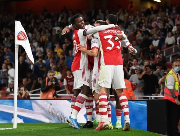 Eddie Nketiah and Gabriel Martinelli celebrate the 1st Arsenal goal, scored by Alex Lacazette during the Carabao Cup Third Round match between...
