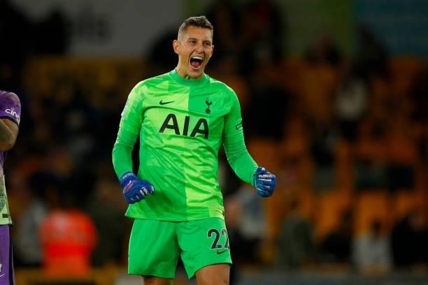Pierluigi Gollini of Tottenham Hotspur reacts following the penalty shoot-out during the Carabao Cup Third Round match between Wolverhampton...