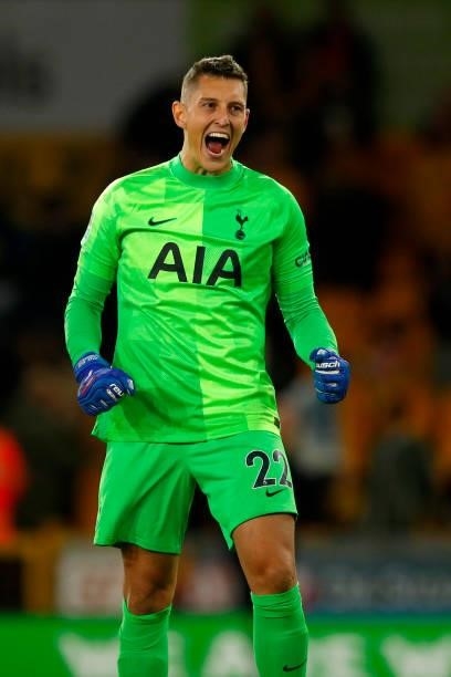 Pierluigi Gollini of Tottenham Hotspur reacts following the penalty shoot-out during the Carabao Cup Third Round match between Wolverhampton...