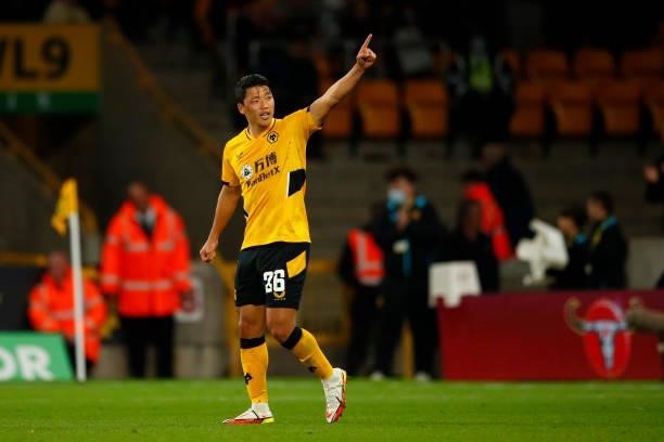 Hee-Chan Hwang of Wolverhampton Wanderers celebrates following his goal in the penalty shoot-out during the Carabao Cup Third Round match between...