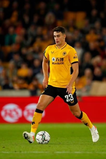 Max Kilman of Wolverhampton Wanderers runs with the ball during the Carabao Cup Third Round match between Wolverhampton Wanderers and Tottenham...