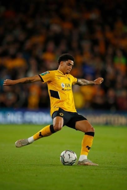 Ki-Jana Hoever of Wolverhampton Wanderers passes the ball during the Carabao Cup Third Round match between Wolverhampton Wanderers and Tottenham...