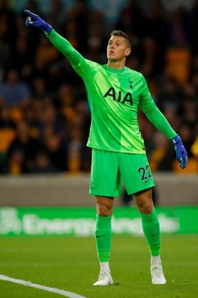 Pierluigi Gollini of Tottenham Hotspur reacts during the Carabao Cup Third Round match between Wolverhampton Wanderers and Tottenham Hotspur at...