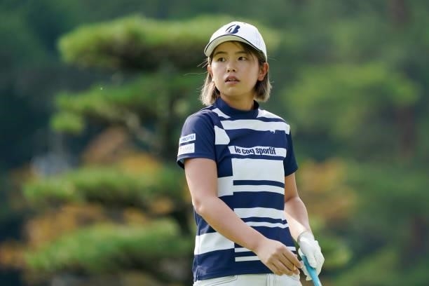 Aya Kinoshita of Japan reacts after her tee shot on the 1st hole during the first round of the Chugoku Shimbun Chupea Ladies Cup at the Geinan...