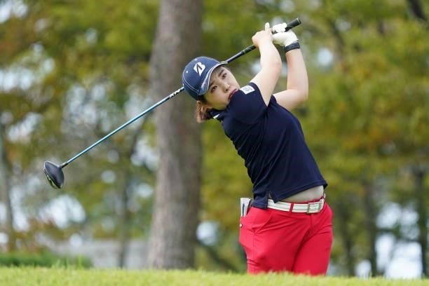 Yu Tajima of Japan hits her tee shot on the 1st hole during the first round of the Chugoku Shimbun Chupea Ladies Cup at the Geinan Country Club on...