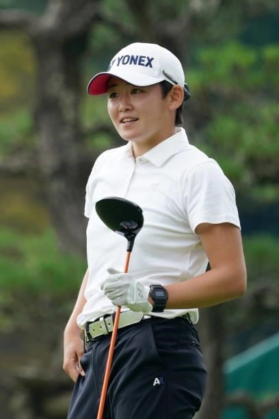 Akie Iwai of Japan reacts after her tee shot on the 1st hole during the first round of the Chugoku Shimbun Chupea Ladies Cup at the Geinan Country...