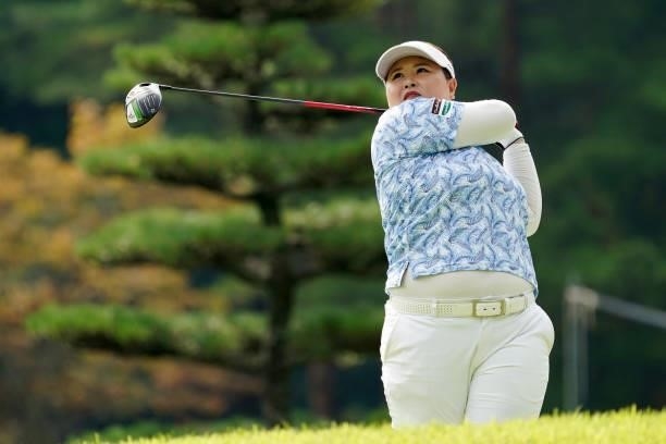 Maaya Suzuki of Japan hits her tee shot on the 1st hole during the first round of the Chugoku Shimbun Chupea Ladies Cup at the Geinan Country Club on...