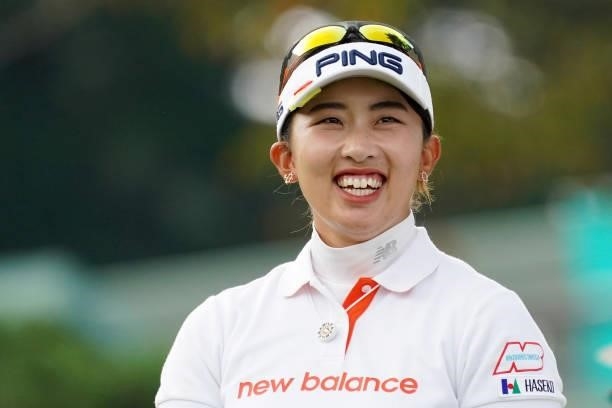 Karin Takeyama of Japan smiles on the 1st tee during the first round of the Chugoku Shimbun Chupea Ladies Cup at the Geinan Country Club on September...