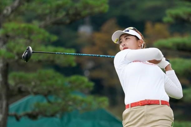 Karin Takeyama of Japan hits her tee shot on the 1st hole during the first round of the Chugoku Shimbun Chupea Ladies Cup at the Geinan Country Club...