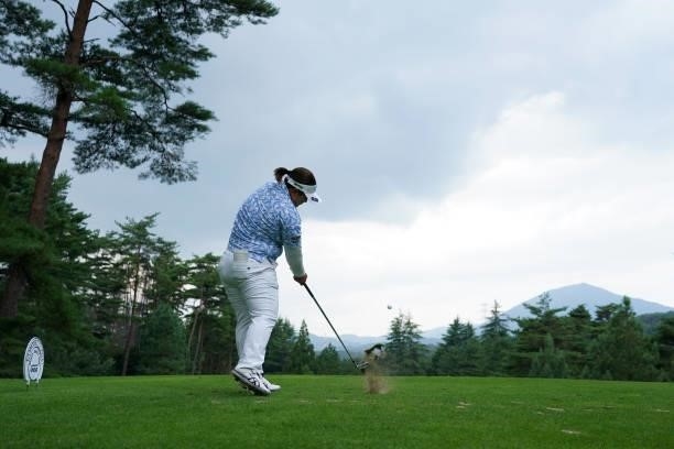 Maaya Suzuki of Japan hits her tee shot on the 3rd hole during the first round of the Chugoku Shimbun Chupea Ladies Cup at the Geinan Country Club on...
