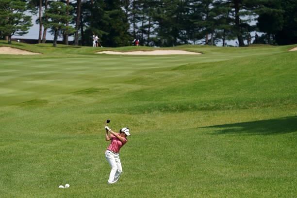 Chisato Iwai of Japan hits her second shot on the 9th hole during the first round of the Chugoku Shimbun Chupea Ladies Cup at the Geinan Country Club...