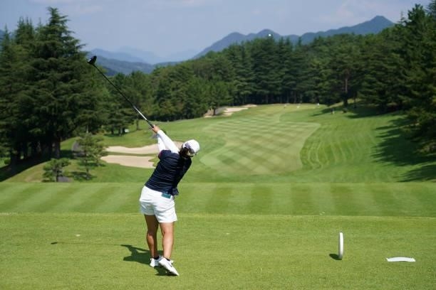 Miyu Abe of Japan hits her tee shot on the 10th hole during the first round of the Chugoku Shimbun Chupea Ladies Cup at the Geinan Country Club on...