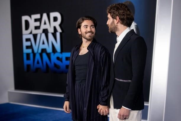 Noah Galvin and Ben Platt attend the Los Angeles premiere of 'Dear Evan Hansen' at Walt Disney Concert Hall on September 22, 2021 in Los Angeles,...