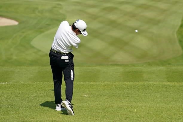 Akie Iwai of Japan hits her tee shot on the 10th hole during the first round of the Chugoku Shimbun Chupea Ladies Cup at the Geinan Country Club on...