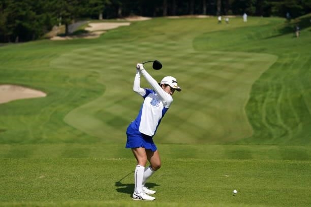 Hiromu Ono of Japan hits her tee shot on the 10th hole during the first round of the Chugoku Shimbun Chupea Ladies Cup at the Geinan Country Club on...