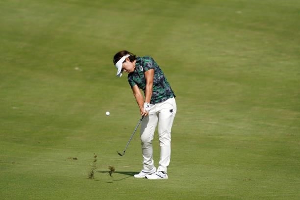 Yoko Ogawa of Japan hits her third shot on the 18th hole during the first round of the Chugoku Shimbun Chupea Ladies Cup at the Geinan Country Club...