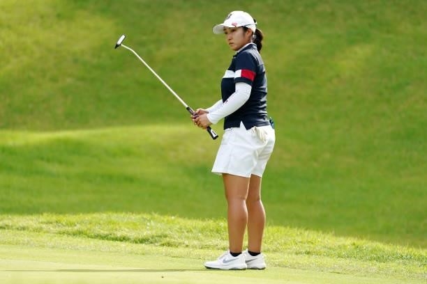 Miyu Abe of Japan attempts a putt on the 18th green during the first round of the Chugoku Shimbun Chupea Ladies Cup at the Geinan Country Club on...