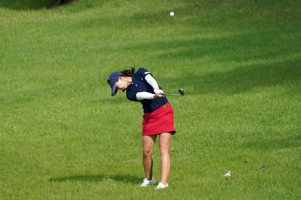 Emi Sato of Japan hits her third shot on the 18th hole during the first round of the Chugoku Shimbun Chupea Ladies Cup at the Geinan Country Club on...