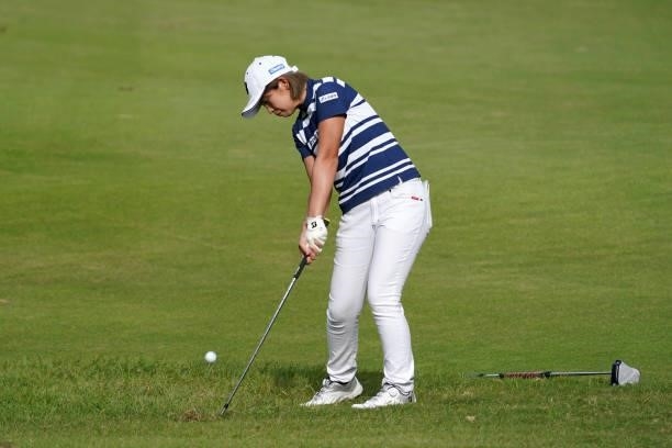 Aya Kinoshita of Japan hits her third shot on the 18th hole during the first round of the Chugoku Shimbun Chupea Ladies Cup at the Geinan Country...