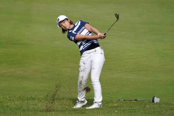 Aya Kinoshita of Japan hits her third shot on the 18th hole during the first round of the Chugoku Shimbun Chupea Ladies Cup at the Geinan Country...