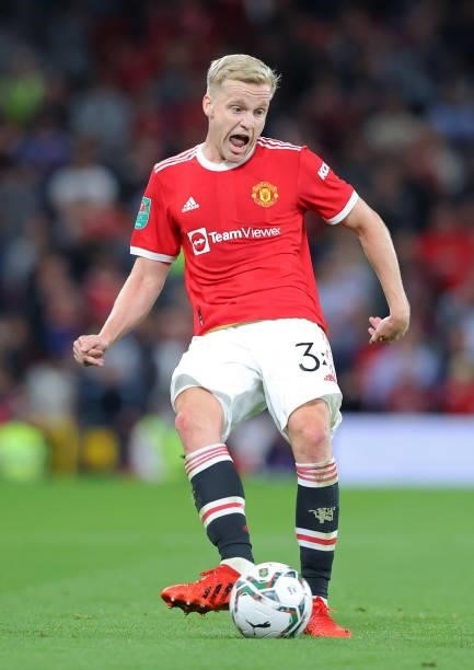 Donny van de Beek of Manchester United during the Carabao Cup Third Round match between Manchester United and West Ham United at Old Trafford on...