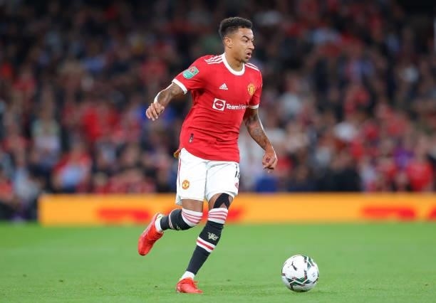 Jesse Lingard of Manchester United runs with the ball during the Carabao Cup Third Round match between Manchester United and West Ham United at Old...