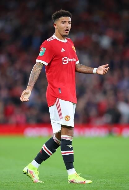 Jadon Sancho of Manchester United looks on during the Carabao Cup Third Round match between Manchester United and West Ham United at Old Trafford on...