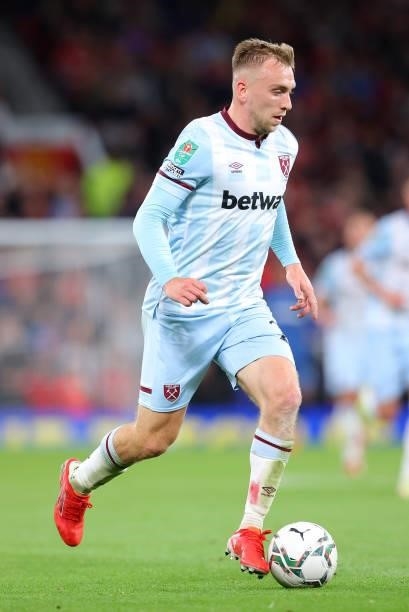 Jarrod Bowen of West Ham United runs with the ball during the Carabao Cup Third Round match between Manchester United and West Ham United at Old...