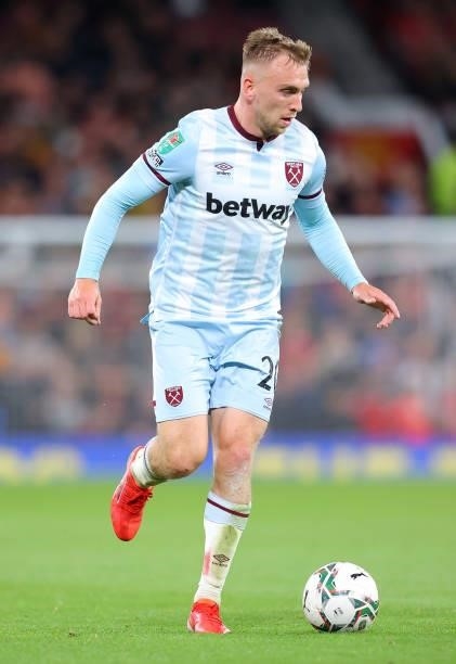 Jarrod Bowen of West Ham United runs with the ball during the Carabao Cup Third Round match between Manchester United and West Ham United at Old...