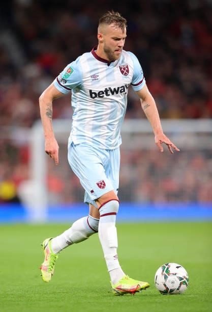 Andriy Yarmolenko of West Ham United runs with the ball during the Carabao Cup Third Round match between Manchester United and West Ham United at Old...