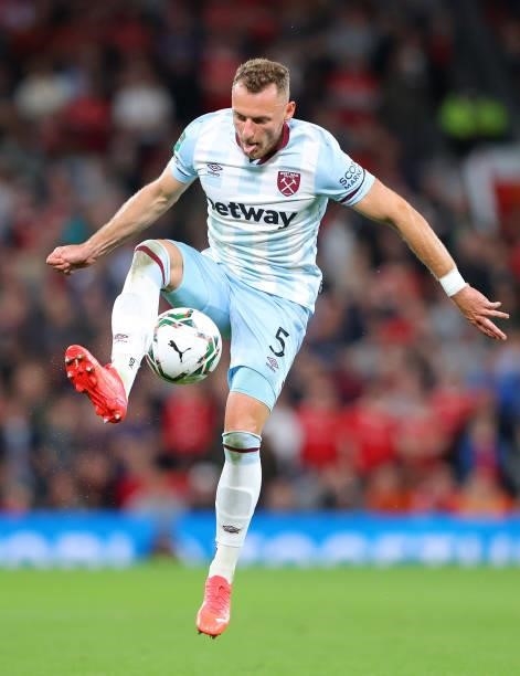 Vladimír Coufal of West Ham United controls the ball during the Carabao Cup Third Round match between Manchester United and West Ham United at Old...