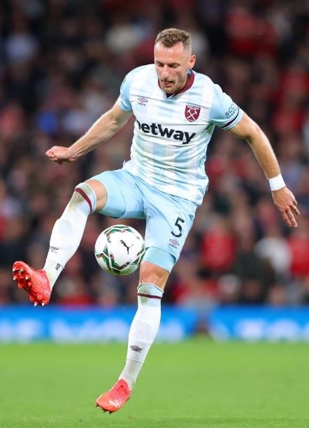 Vladimír Coufal of West Ham United controls the ball during the Carabao Cup Third Round match between Manchester United and West Ham United at Old...