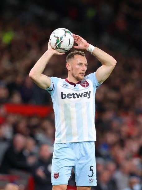 Vladimír Coufal of West Ham United takes a throw in during the Carabao Cup Third Round match between Manchester United and West Ham United at Old...