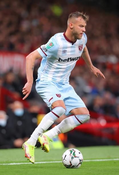 Andriy Yarmolenko of West Ham United controls the ball during the Carabao Cup Third Round match between Manchester United and West Ham United at Old...