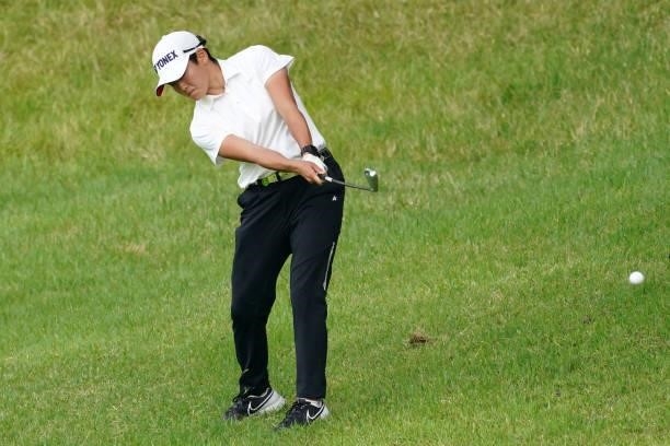Akie Iwai of Japan hits her third shot on the 18th hole during the first round of the Chugoku Shimbun Chupea Ladies Cup at the Geinan Country Club on...