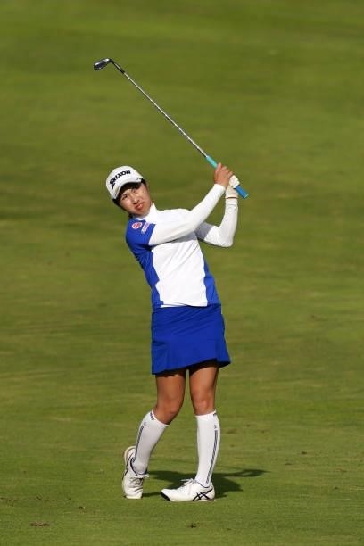 Hiromu Ono of Japan hits her third shot on the 18th hole during the first round of the Chugoku Shimbun Chupea Ladies Cup at the Geinan Country Club...
