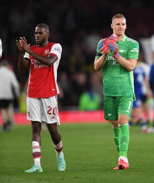 Nuno Tavares and Bernd Leno of Arsenal clap the fans after the Carabao Cup Third Round match between Arsenal and AFC Wimbledon at Emirates Stadium on...