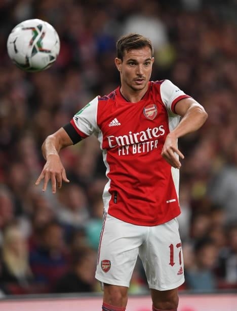 Cedric Soares of Arsenal during the Carabao Cup Third Round match between Arsenal and AFC Wimbledon at Emirates Stadium on September 22, 2021 in...